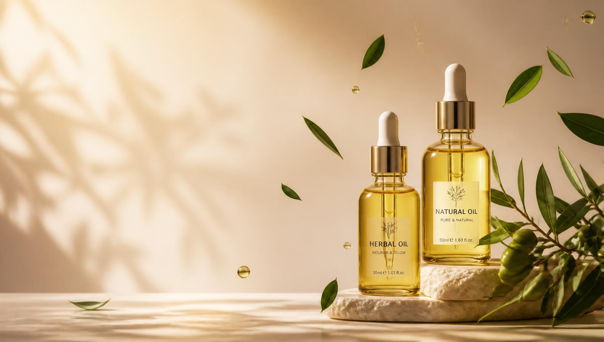 Cold-pressed botanical oil arranged with leaves and flowers