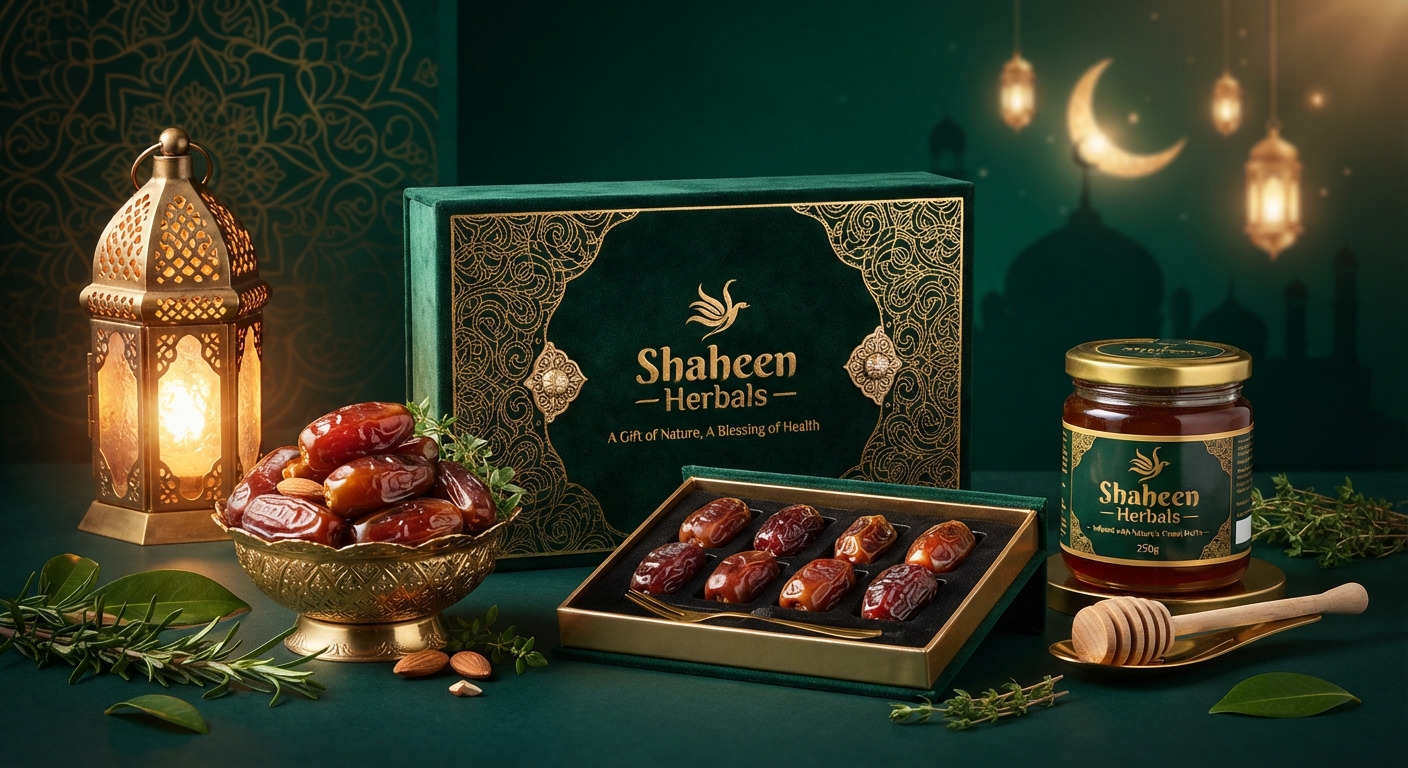 Ramadan herbal gift set with dates and herbal honey